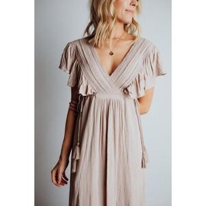 BALTIC BORN Women's Maxi Dress Lace Ruffle Trim Taupe BOHO Cottagecore Small